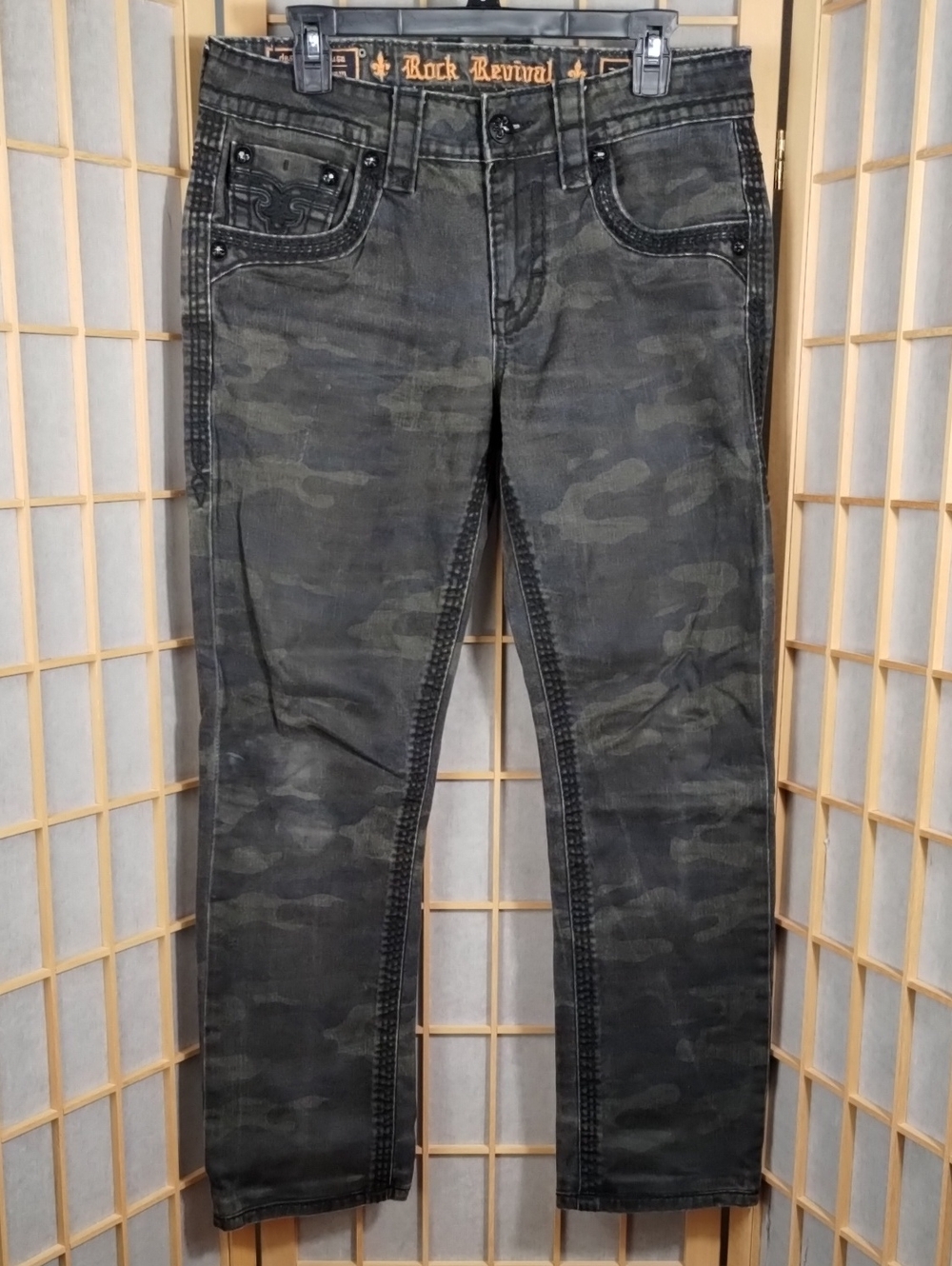 Rock Revival Triton Men's Slim Straight Camo Jeans - Olive / Black Wash Size 32
